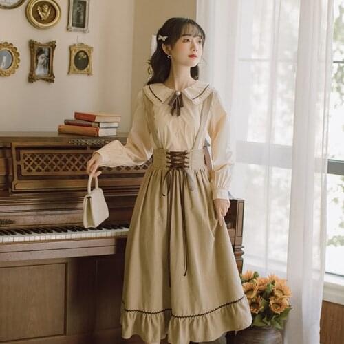 Japanese Mori Girl Style 2 piece Sets Vintage Modern Women Outfits Sweet Peter Pan Collar Bow Shirt Tops & Bandage Long Skirt