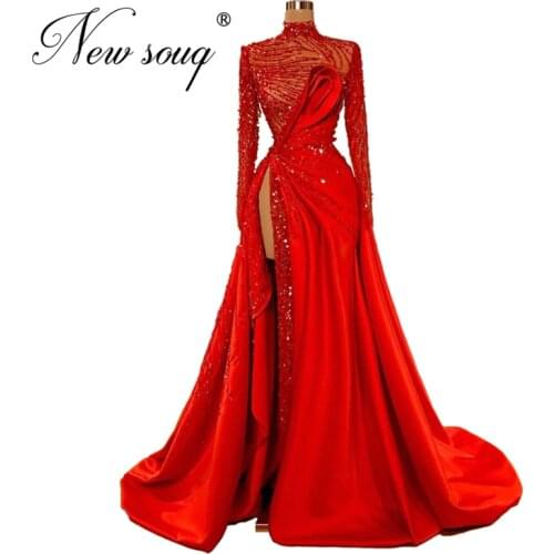 Dubai Red Beaded Evening Dress Custom Made High Split Side Long Prom Dresses 2020 New Arrival Arabic Wedding Party Gown Vestidos