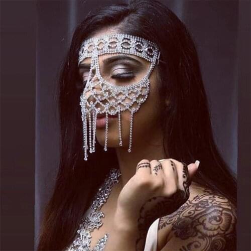 2021 INS Crystal Hollow Tassel Face Mask Decorations Face Jewelry for Women Party Rhinestone Bling Tassel Veil Masquerade Mask