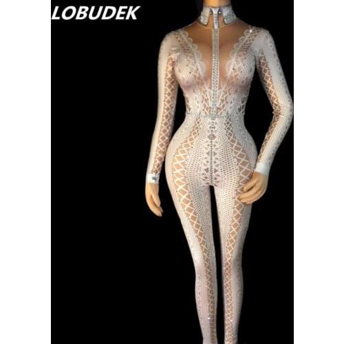 White Lace Pattern Printed Crystals Jumpsuit Elastic Female Costume Nightclub Bar Singer Dancer DJ DS Stage Wear Dance Outfits