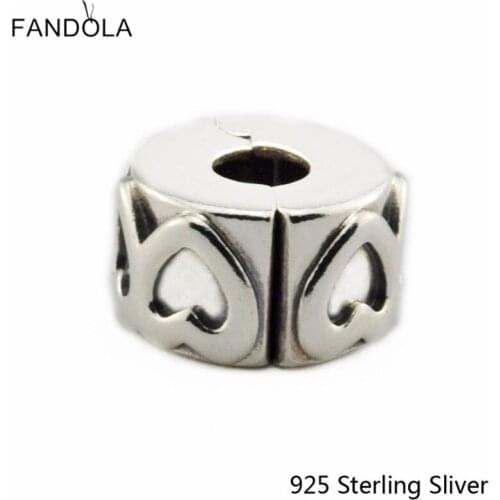 CKK 925 Sterling Silver Row of Hearts Clips Fashion Charms Beads Fits Original Bracelets & Bangle DIY Jewelry