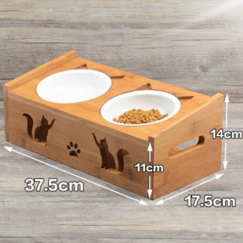 Dog cat Wooden Feeders Wood Rack with Double Ceramic Bowl Lovely Pet Food Water Drink Dispenser CW119