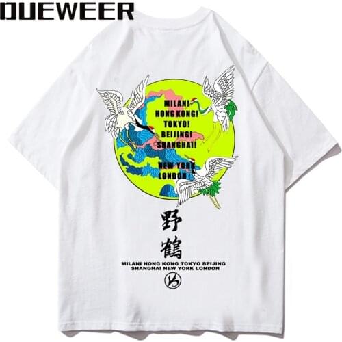 Dueweer Mens T-shirts Chinese Crane Print Summer Japanese Harajuku Short Sleeve Womens Cotton T-shirt Top Tee Streetwear