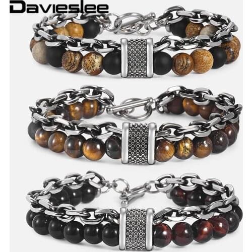 Double Layers Mens Bracelet Natural Tiger Eye Stone Beaded Bracelet Glass Beads Stainless Steel Rolo Chain OT Buckle DDBM51