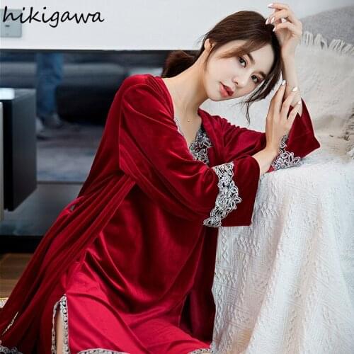 Hikigawa Gold Velvet Pajamas Women Autumn Long-sleeve Suspender Pajamas 2 Piece Suit with Chest Pad Sexy Lace Edge Home Service