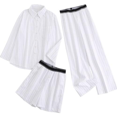 JC·KILIG Korean 2021 Summer Temperament Stripe Long Sleeve Loose Shirt Elastic Elastic Waist Leisure Home Suit XL6250