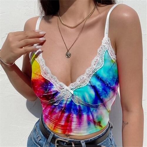 2021 Summer New Trend Womens Ribbon Stitching Deep V-neck Tie-Dye Style Printed Camisole