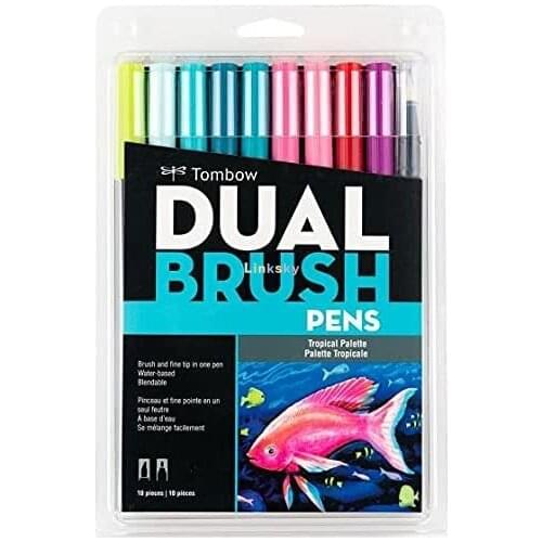 Tombow 56189 Dual Brush Pen Art Markers, Tropical, 10-color. Blendable, Brush and Fine Tip Markers