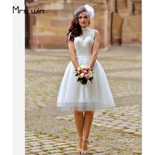 Mrs win Wedding Dress High Neck Short Wedding Dresses Elegant Lace Backless Vestido De Noiva Plus Size Wedding Gowns HR041