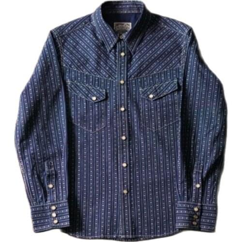 Mens Indigo Discharge-printed Stripes Denim Shirt Long Sleeves Blouse Regular Fit Retro Vintage Clothes for Autumn