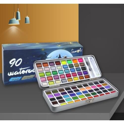 Seamiart 50/72/90 Color Solid Watercolor Paint Set Basic Neone Glitter Watercolor Pigments for Drawing Art Paint Supplies