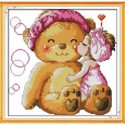 Joy Sunday Kiss Bear Counted Cross Stitch Kits Cotton Thread Painting 11CT14CT DIY Needlework Sets Children Room Decoration Kits