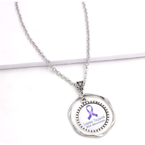 New Arrival Cancer Awareness Jewelry Cabochon Necklace Purple Ribbon Lupus Awareness Pendant Necklace support Cancer Jewelry