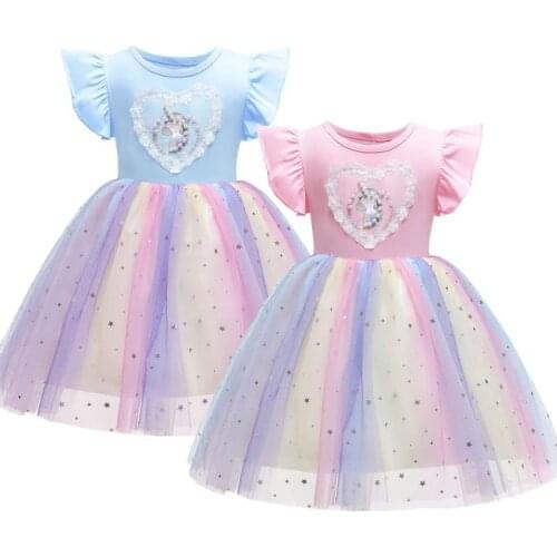2021New summerToddler Girls Unicorn Little flying sleeve Princess Dress Kids Dresses For Girls Costume Children Party Dress2-10Y
