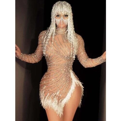 Silver Crystal Prom Dresses Nude Mesh Sexy Stretch Wrap Dress Fringe Singer Dj Outfit Sequin Wig Headdress Stage Costume VDB3095