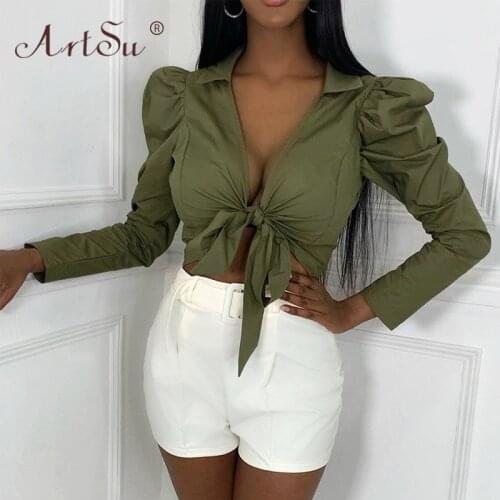ArtSu Lady Puff Sleeve Green Short Blouses Deep V-Neck Sexy Lace Up Slim Wrap Cropped Shirt Femme Autumn Women Tops Streetwear