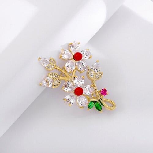 Luxury AAA Zircon Stone Gold Brooches for Women with Red Pearl Beautiful Flower Pins Jewelry 2020 Christmas Gift broche femme