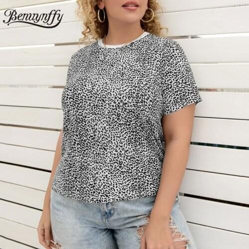 GIBSIE Contrast Crew Neck Leopard Print T Shirt Women 2021 New Short Sleeve Summer Clothes Female T-Shirts Tops Plus Size 5XL