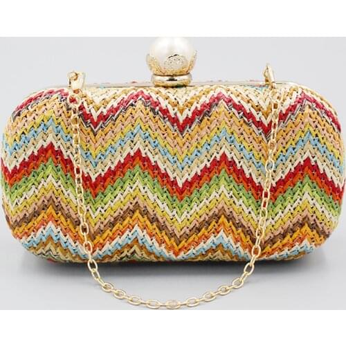 Women Straw Evening Bag Multi-color Woven Clutch Cross-body Pearl Lock Wallet Purse For Wedding Party Bridal 2020 New