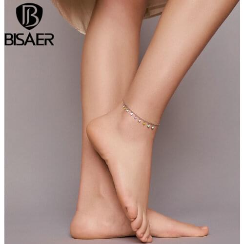 BISAER Rainbow Heart Anklets 925 Sterling Silver Colorful Chain Anklets For Women Feet Leg Chain Link 2020 New Jewelry ECT020