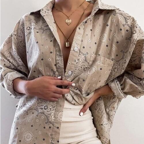 Autumn Office Lady Shirts Elegant Turn-down Collar Long Sleeve Button Tops Vintage Pattern Printed Harajuku Women Blouse Shirts