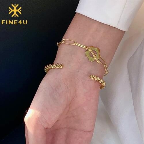 FINE4U B515 Stainless Steel Cable Wire Twisted Cuff Bangle Bracelet for Women
