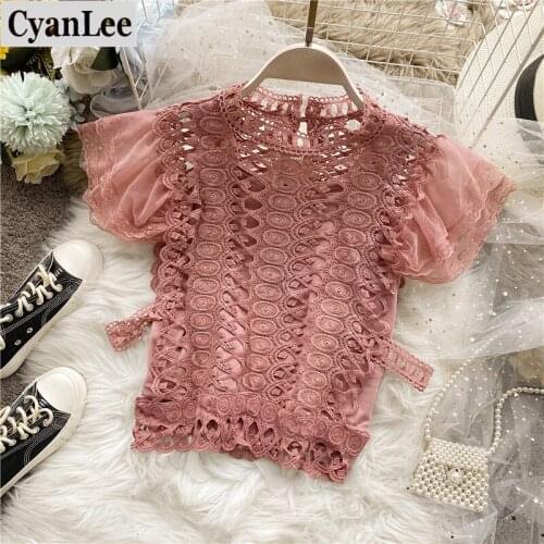 Cyanlee Ruffle Embroidery Lace Top Women Blouses 2020 Boho Solid Sleeveless Stand Collar Blusas Elegant Hollow Out Women Tops