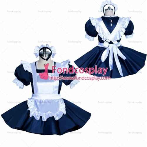 Fondcosplay adult sexy cross dressing sissy maid short French lockable dark blue dress unisex white apron Tailor-made[G3879]