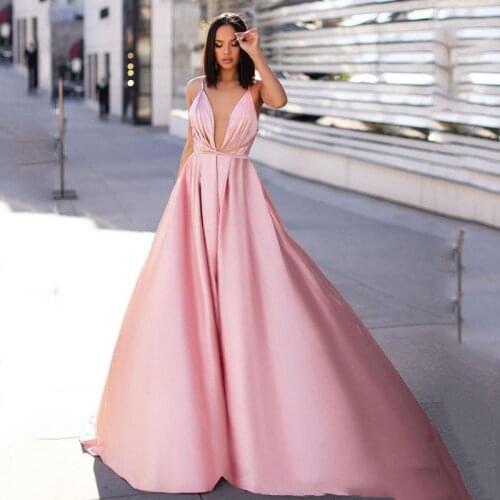 Smileven Sexy V Neck Pink Formal Evening Dress arabia Spaghetti Straps Evening Party Dress A Line Prom Party Dresses