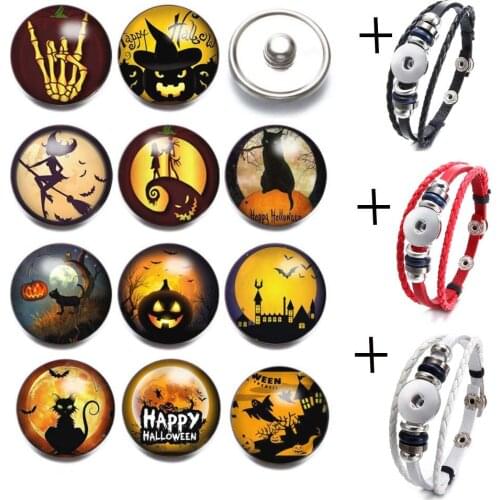 12pcs/lot Halloween Pattern Theme18mm Snap Buttons For Bracelet Jewellery Accessories With 3pcs Leather Bracelet Women Gift