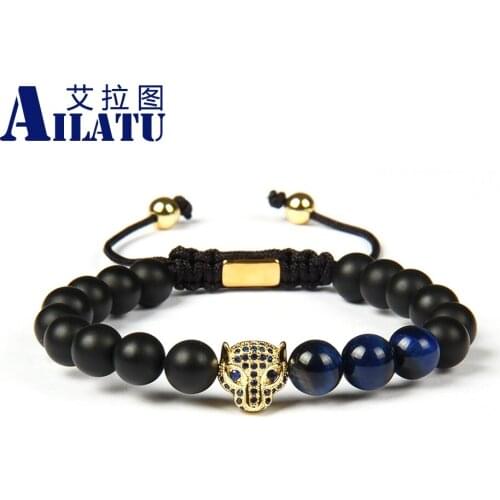 Ailatu Men Panther Bracelets Blue Cz Leopard Head Macrame European American Weaving Bracelets 8mm Natural Tiger Eye & Onyx Stone