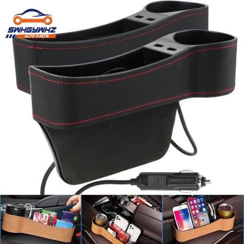 Seat Gap Slit Box Phone Bottle Cups Holder Box Car Accessories Car Organizer Leather Car Seat Gap Storage Box Dual USB Charger