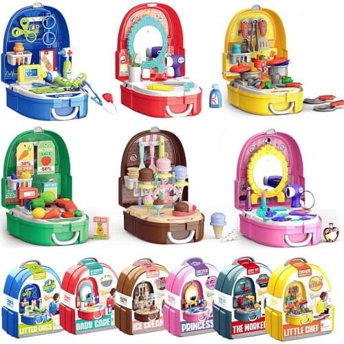 Childrens Simulation Kitchen Tableware Make-up Cashier Tool Set Ice Cream Family Backpack Box Doctor Play House Toys