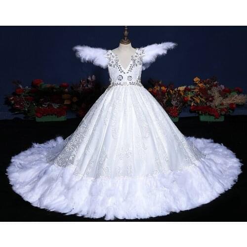 Flower Girl Dress Illusion O-Neck Short Embroidery Crystal Sequined Beading Tulle Lace Princess Train White Kids Party Gown H568