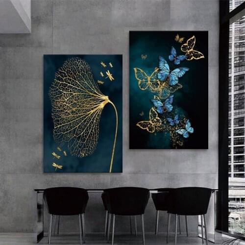 Blue Gold Butterfly Painting on Canvas Wall Art Abstract Flower Posters Prints Modern Luxury Living Room Decoration Pictures