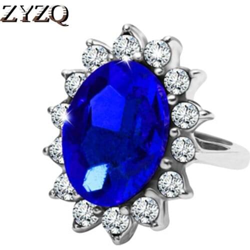 ZYZQ Classic Vintage Luxury Rings With Big Shiny Blue Stone Silver Plated Cocktail Party Accessories Jewelry Ring With Size 6-10