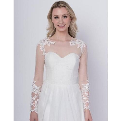 Long sleeve lace Appliques jacket Scoop wedding Coat bridal bolero wrap White Lace Bride shawl