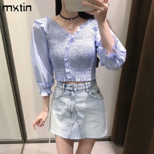 MXTIN 2021 Women Summer Vintage Elasticity Solid Short Top Fashion V-Neck Three Quarter Casual Blouses Shirts Blusas Tops
