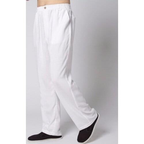 Solid White Chinese Mens Kung Fu Pant Traditional Cotton Linen Wu Shu Tai Chi Trousers vestido chino M L XL XXL XXXL