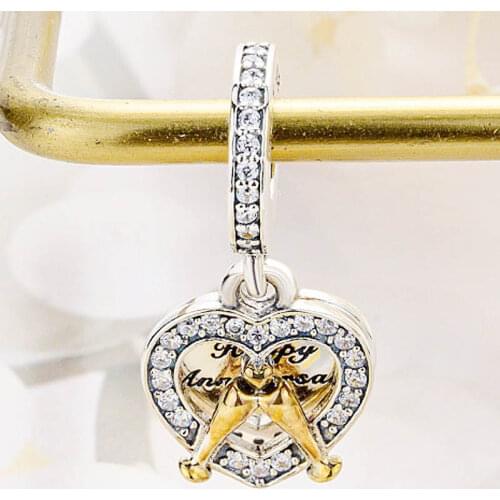Original Love Heart Two-tone Happy Anniversary Pendant Beads Fit 925 Sterling Silver Charm Pandora Bracelet Diy Jewelry