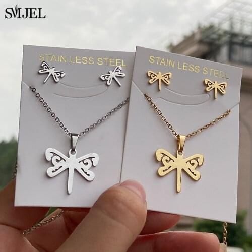 Stainless Steel Dragonfly Pendant Necklace Earring For Women Lovely Animal Necklace Wedding Engagement Jewelry Set Pendientes