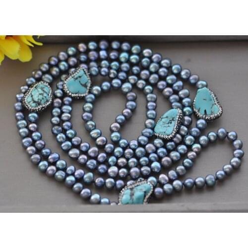 Z10960 52" 8mm Black Round Freshwater Pearl Necklace Turquoise CZ