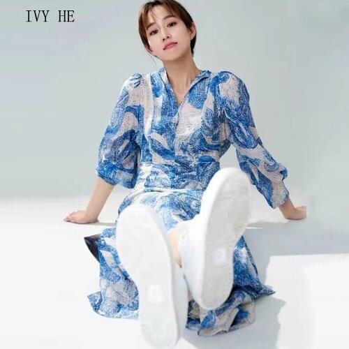 IVY HE High Quality Early Autumn Dress Woman Clothing Blue Print Shirt Dress Midi Long Dress Traf ZAfu Party Vintage Dresses