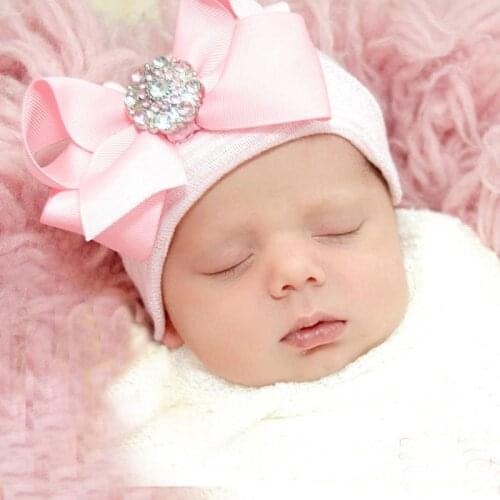 Newborn Chiffon bow baby hat Solid Pink Blue Color Soft Hospital Girls Caps newborn photography props baby accessories for 0-3M