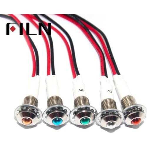 FILN 10mm 24vLED Metal Indicator lights waterproof Signal lamp with wire 20mm cable 220v warning light