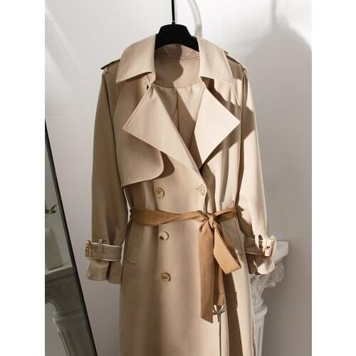 Women Trench Coat Double Breasted Pleated Long Trench Coats Khaki Vintage Casual Coats 2021 Windbreaker Overcoat abrigo mujer