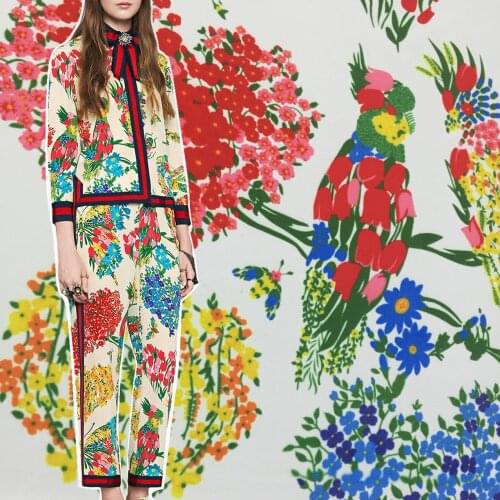 High-end Brand Parrot Hand-painted Flower Printed Fabric Spring Summer Cloth for Dresses Skirts Tops Fabrics Per Meter