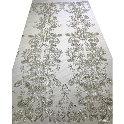 High-End White Color French Net Sequins Embroidered Floral Beaded Lace Fabric Trim Transparent Mesh Tulle Bridal Wedding Dresses