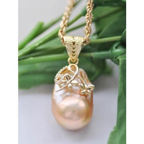 Z10385 27mm Pink Baroque Keshi Pearl Four-leaf clover gold-plating CZ Pendant