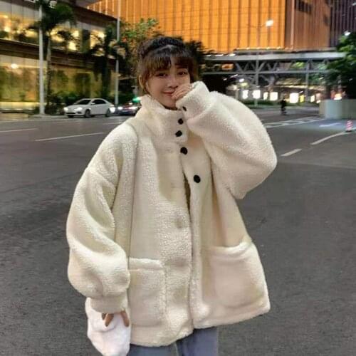Female Harajuku Shaggy Warm Pockets Jackets Outerwear Womens Casual Lamb Wool Coat Korean Kawaii Loose Faux Fur Teddy Overcoat
